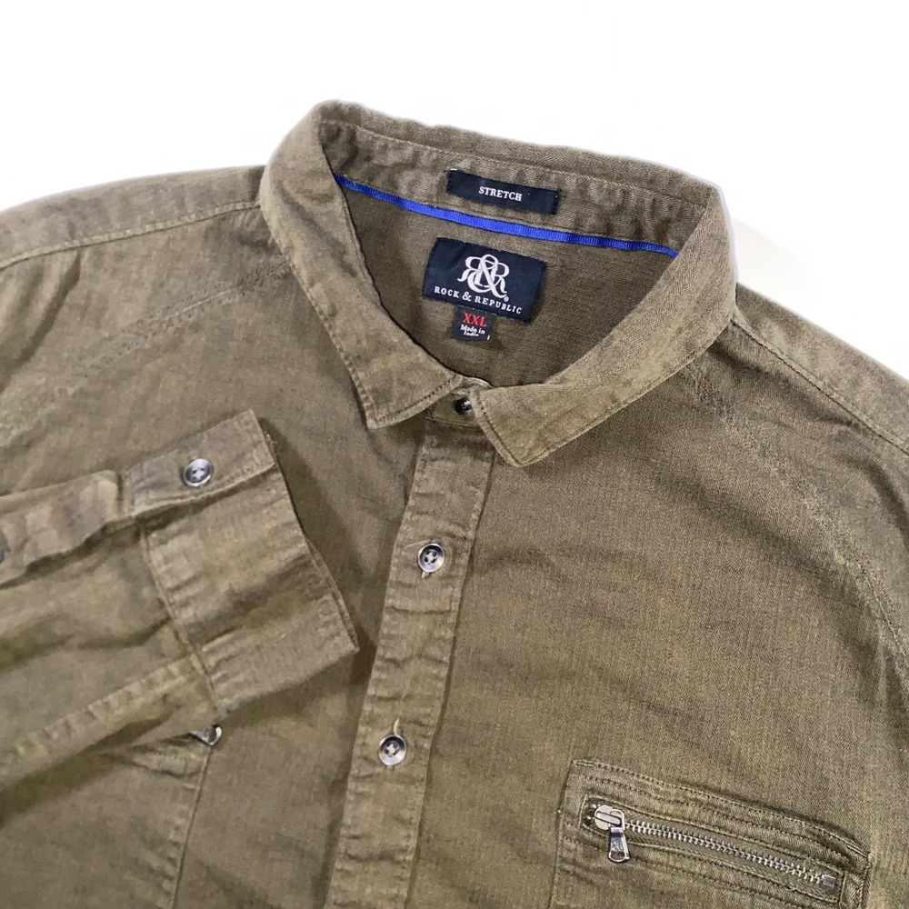 Rock & Republic Mens XXL Olive Green Herringbone Stretch Zip Pocket Shirt‎ L/S